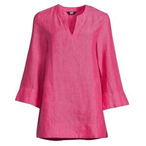 Lands End Women’s Hot Pink Linen Split Neck Tunic 3/4 Sleeve Size S